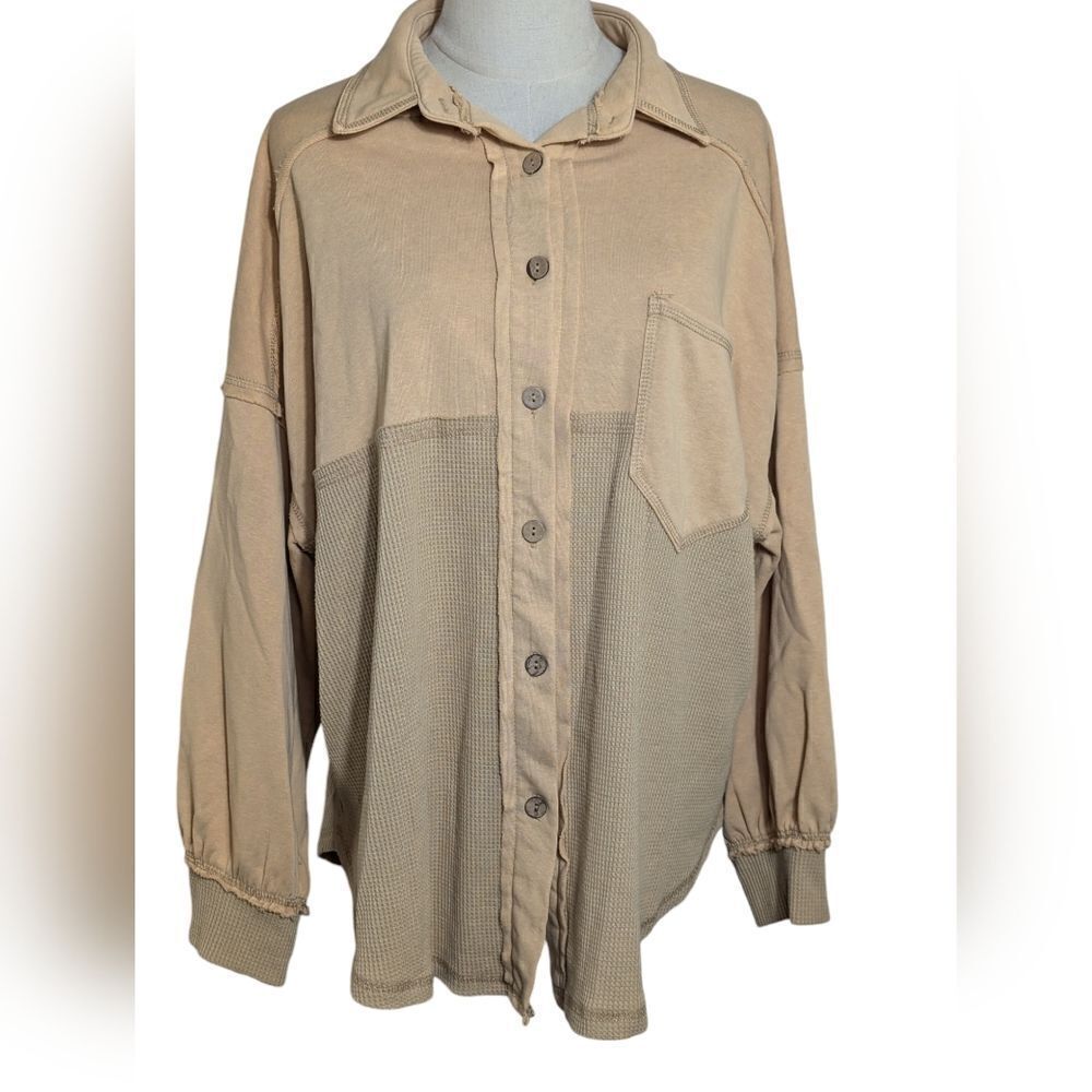 AEMI & Co Tan Fabric and Waffle Knit Button Front Shirt Jacket